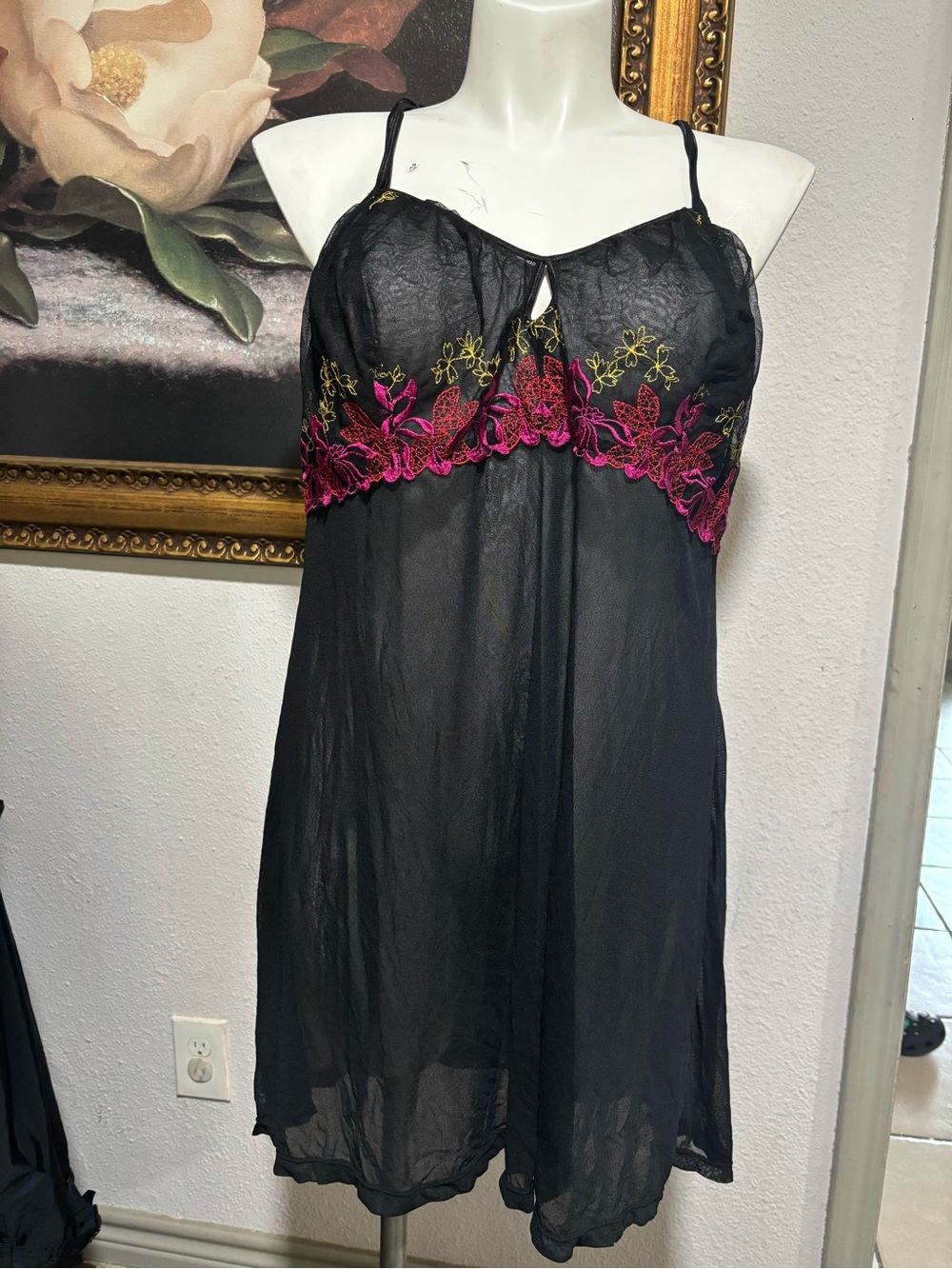 Cacique Black Sheer Chemise with Pink & Green Floral Lace